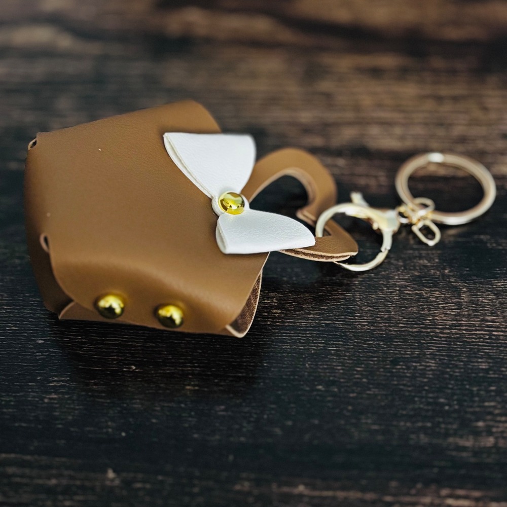 Brown Faux Leather Mini Tote Bag Keychain Charm with White Bow and Gold Studs